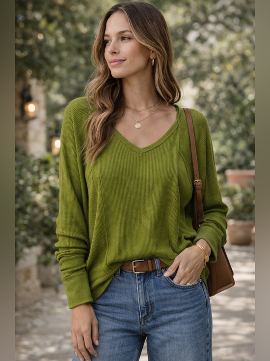 Free People Tops - Free People Olive Green Waffle Knit Thermal Top Womens Large V Neck Boho